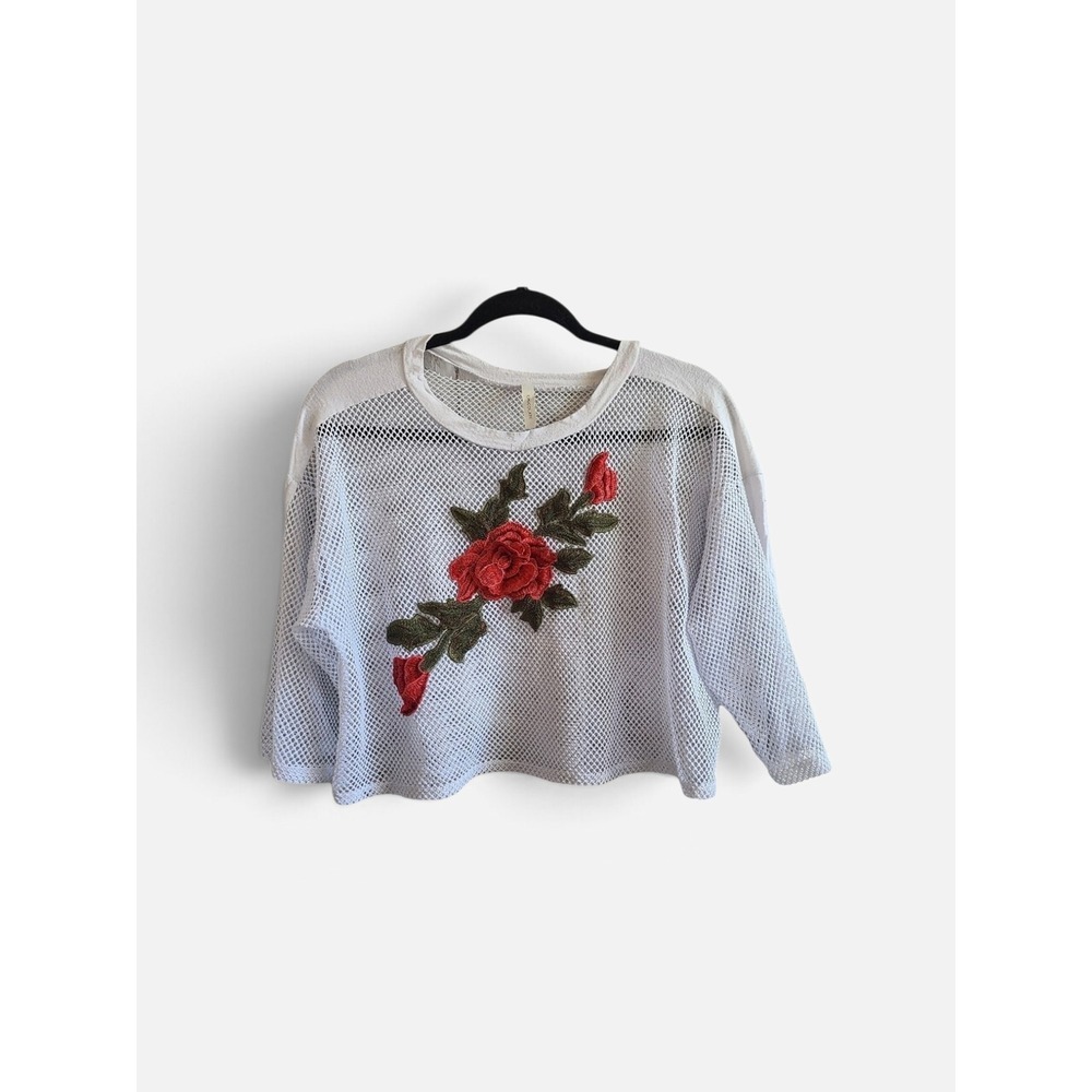 Chocolate White Mesh Crop Top Floral Rose Embroidered 3/4 Sleeve Medium